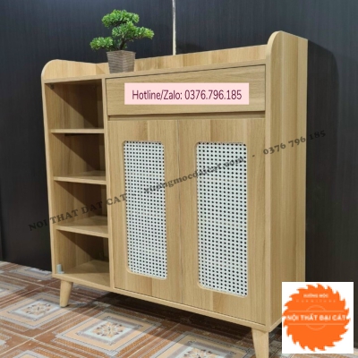 Tủ Giày Gỗ MDF Có Cửa Lưới Mây 2 Cánh & Kệ Trang Trí TGM027