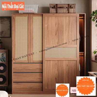 Tủ Quần Áo Gỗ Sồi Cửa Lùa Cánh Mây – Đậm Gu Tối Giản TAM009