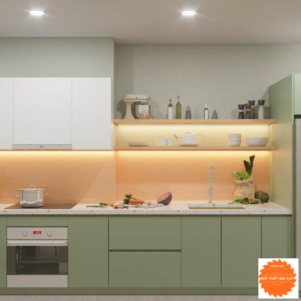 Tủ bếp thiết kế màu xanh lá hiện đại 