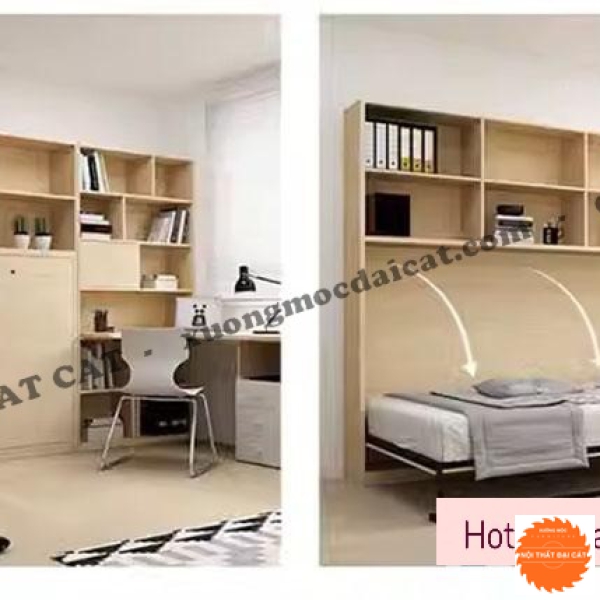 Giường gấp tích hợp bàn làm việc kệ sách GG021