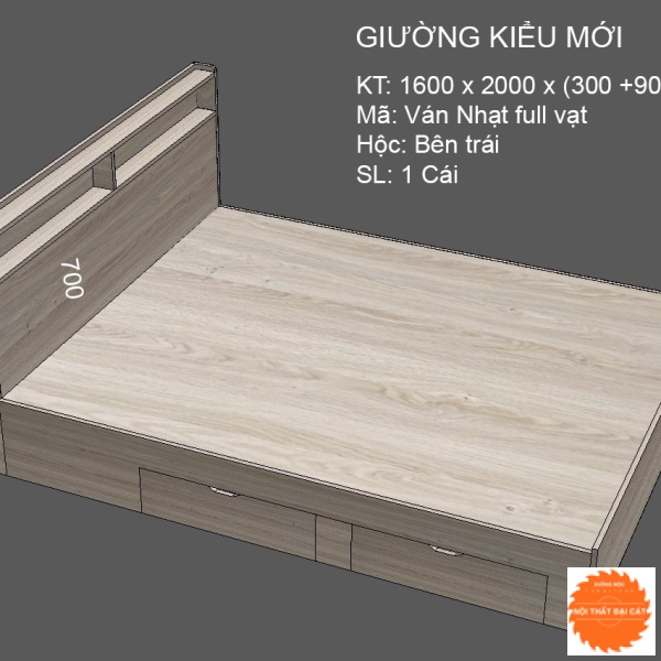 Giường ngủ hai hộc - đầu giường kết hợp kệ GT018