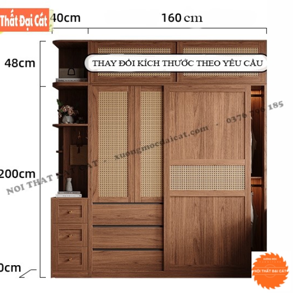 Tủ Quần Áo Gỗ Sồi Cửa Lùa Cánh Mây – Đậm Gu Tối Giản TAM009