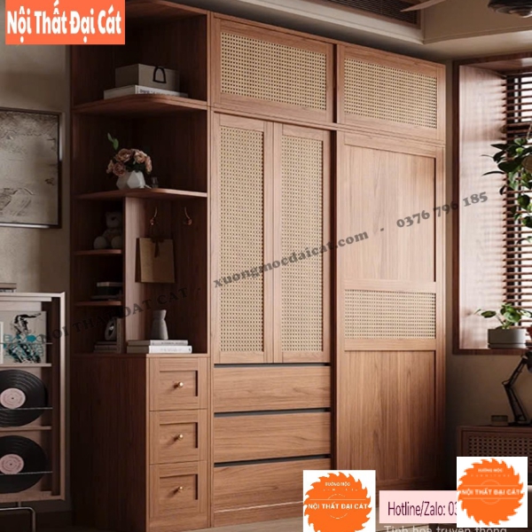 Tủ Quần Áo Gỗ Sồi Cửa Lùa Cánh Mây – Đậm Gu Tối Giản TAM009