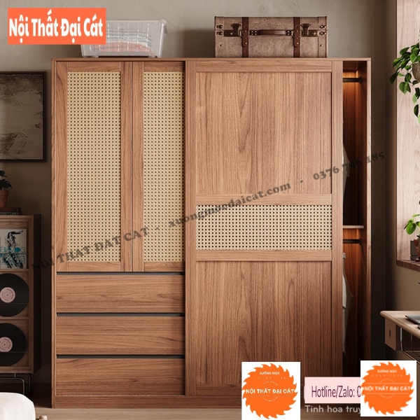Tủ Quần Áo Gỗ Sồi Cửa Lùa Cánh Mây – Đậm Gu Tối Giản TAM009