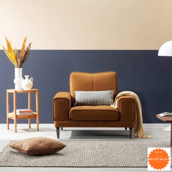 Ghế sofa đơn chân sắt vàng nâu hiện đại